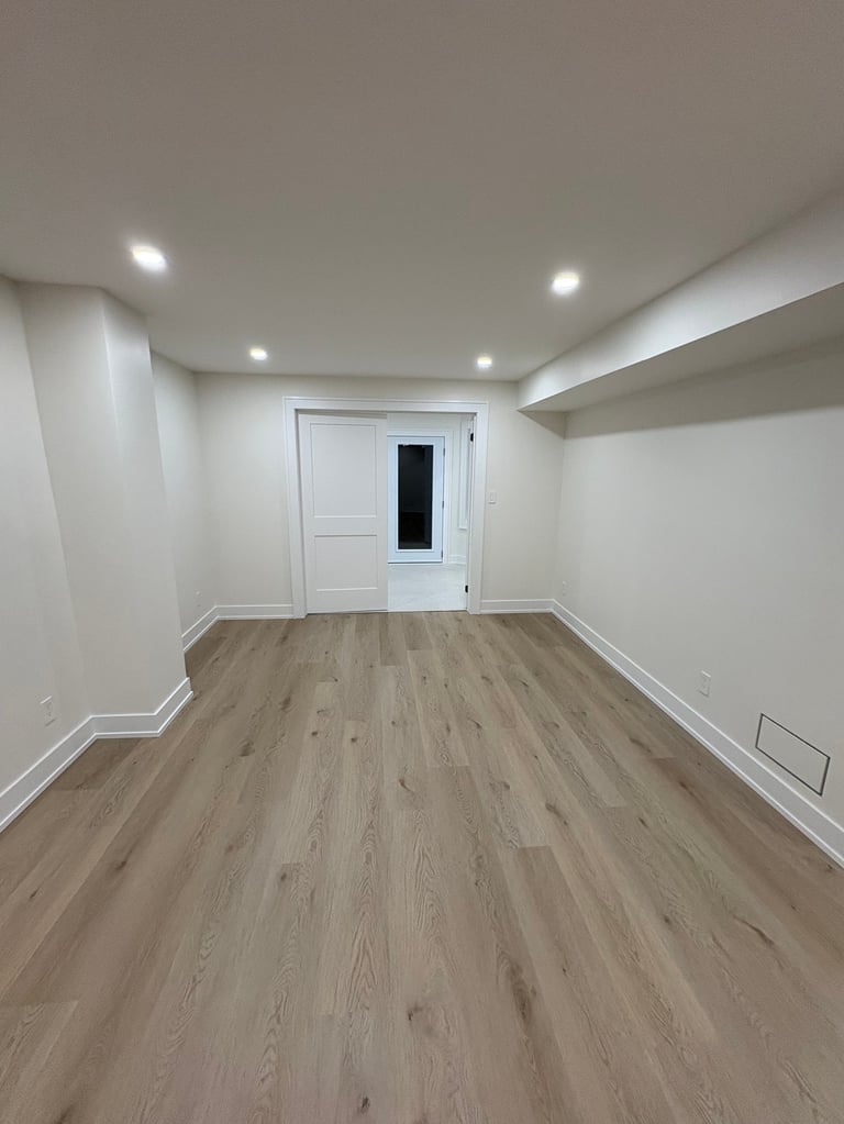 Empty basement room with white walls, wood-look flooring, recessed ceiling lights, and white door with small window